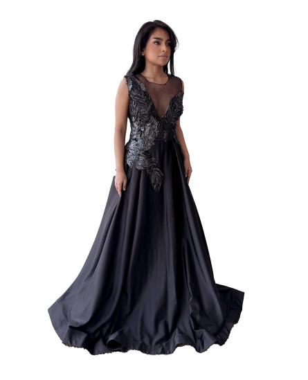 Peacock Embroidered Gown - Black