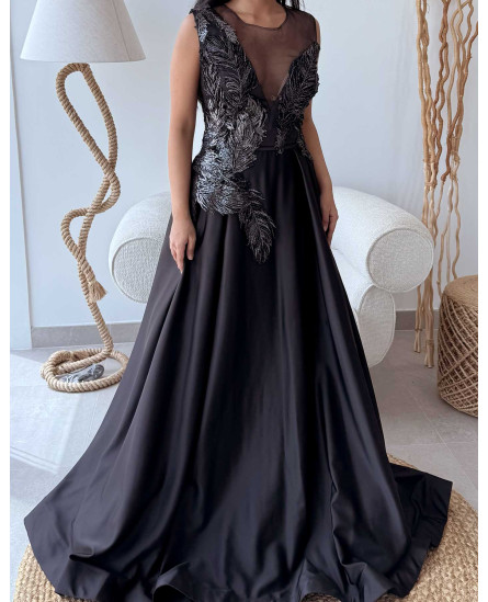 Peacock Embroidered Gown - Black