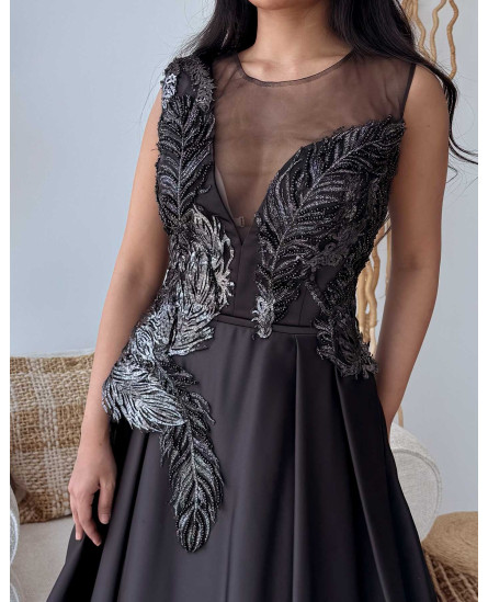 Peacock Embroidered Gown - Black