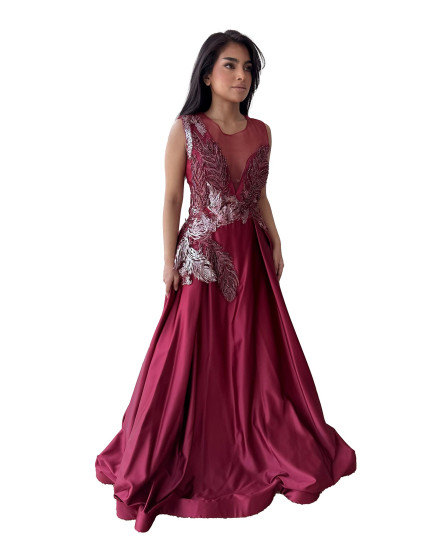 Peacock Embroidered Gown - Maroon