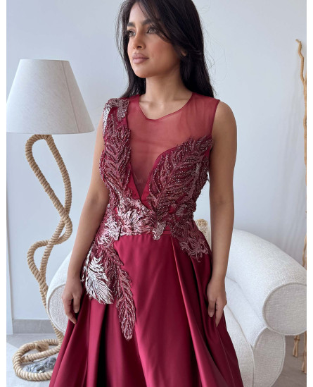 Peacock Embroidered Gown - Maroon