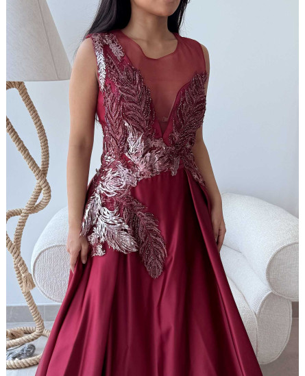 Peacock Embroidered Gown - Maroon