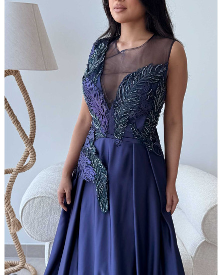 Peacock Blue Embroidered Gown with Sweetheart Neck