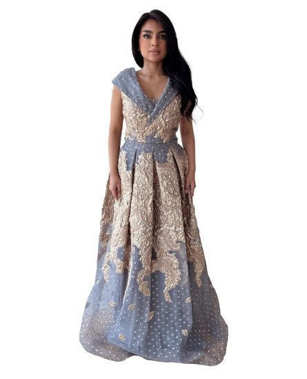 V Neck Crossover Collar Brocade Gown - Blue and Golden