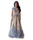 V Neck Crossover Collar Brocade Gown - Blue and Golden