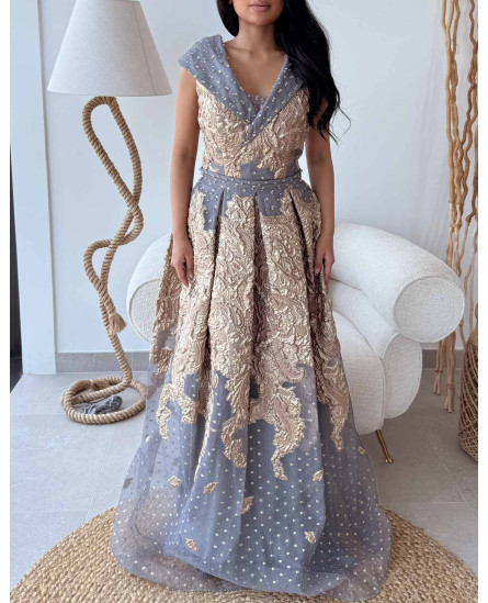V Neck Crossover Collar Brocade Gown - Blue and Golden
