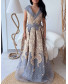 V Neck Crossover Collar Brocade Gown - Blue and Golden
