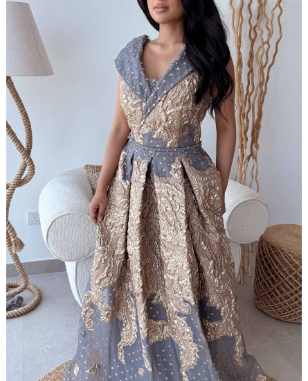 V Neck Crossover Collar Brocade Gown - Blue and Golden
