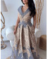 V Neck Crossover Collar Brocade Gown - Blue and Golden