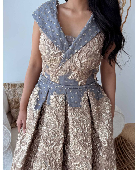 V Neck Crossover Collar Brocade Gown - Blue and Golden
