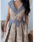 V Neck Crossover Collar Brocade Gown - Blue and Golden