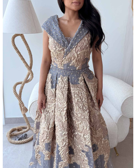 V Neck Crossover Collar Brocade Gown - Blue and Golden