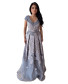 V Neck Crossover Collar Brocade Gown - Blue and Ancien
