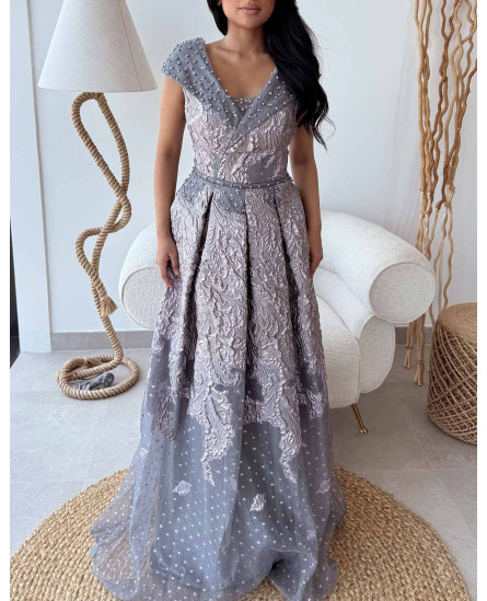 V Neck Crossover Collar Brocade Gown - Blue and Ancien