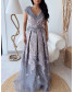 V Neck Crossover Collar Brocade Gown - Blue and Ancien