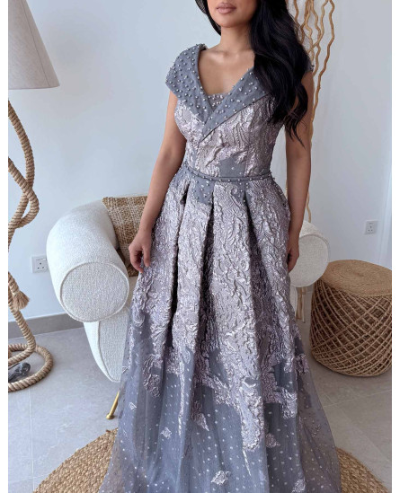 V Neck Crossover Collar Brocade Gown - Blue and Ancien