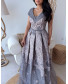 V Neck Crossover Collar Brocade Gown - Blue and Ancien