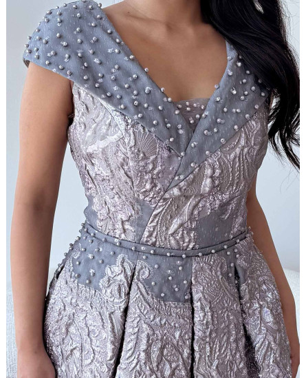 V Neck Crossover Collar Brocade Gown - Blue and Ancien