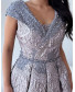 V Neck Crossover Collar Brocade Gown - Blue and Ancien