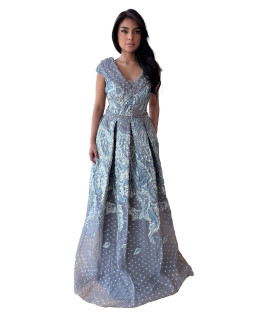 V Neck Crossover Collar Brocade Gown - Lilac