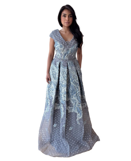 V Neck Crossover Collar Brocade Gown - Lilac