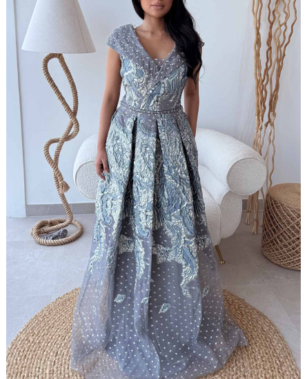 V Neck Crossover Collar Brocade Gown - Lilac