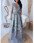 V Neck Crossover Collar Brocade Gown - Lilac