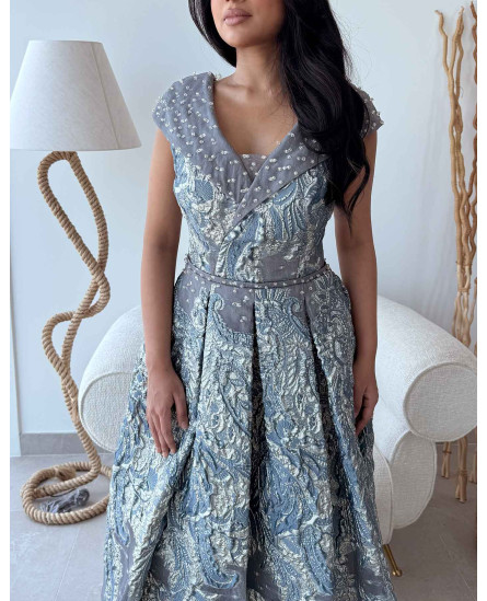 V Neck Crossover Collar Brocade Gown - Lilac