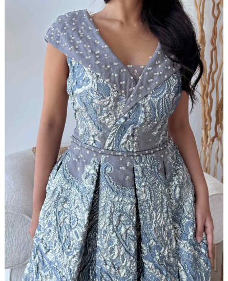 V Neck Crossover Collar Brocade Gown - Lilac