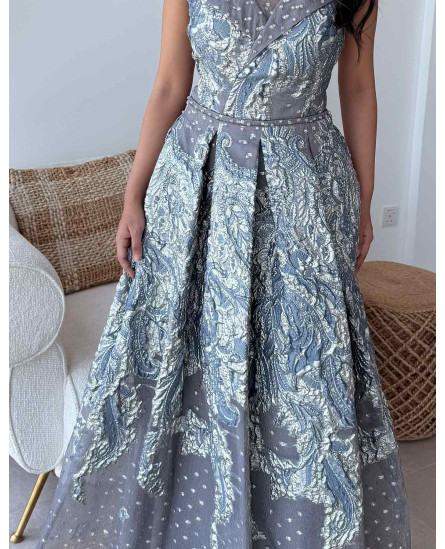V Neck Crossover Collar Brocade Gown - Lilac