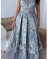V Neck Crossover Collar Brocade Gown - Lilac