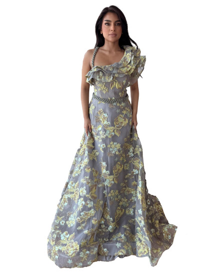 One Shoulder Brocade Floral Gown with one side Frill - Grey