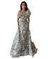 One Shoulder Brocade Floral Gown with one side Frill - Grey