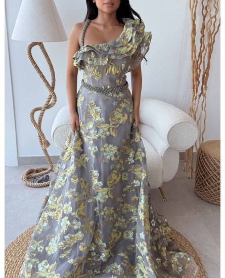 One Shoulder Brocade Floral Gown with one side Frill - Grey