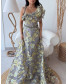 One Shoulder Brocade Floral Gown with one side Frill - Grey