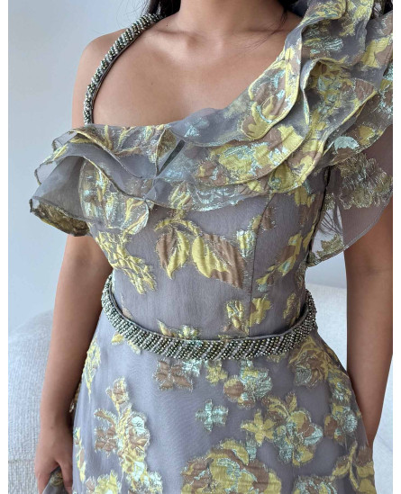 One Shoulder Brocade Floral Gown with one side Frill - Grey