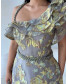 One Shoulder Brocade Floral Gown with one side Frill - Grey