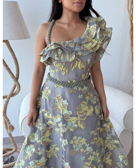 One Shoulder Brocade Floral Gown with one side Frill - Grey