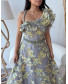 One Shoulder Brocade Floral Gown with one side Frill - Grey