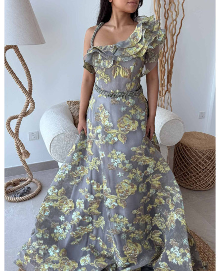 One Shoulder Brocade Floral Gown with one side Frill - Grey