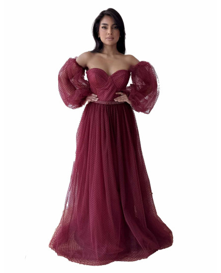 Jasmine Off-the-Shoulder Dress - Maroon Self Polka Dots
