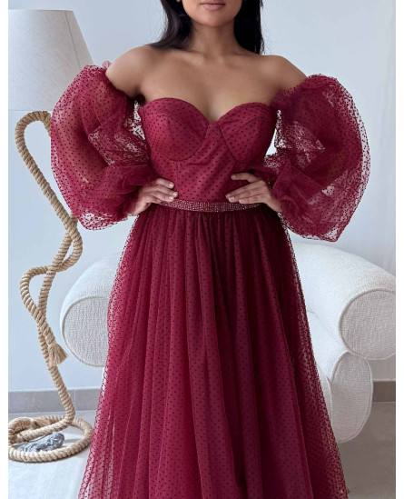 Jasmine Off-the-Shoulder Dress - Maroon Self Polka Dots