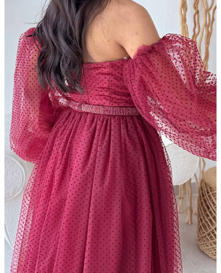 Jasmine Off-the-Shoulder Dress - Maroon Self Polka Dots