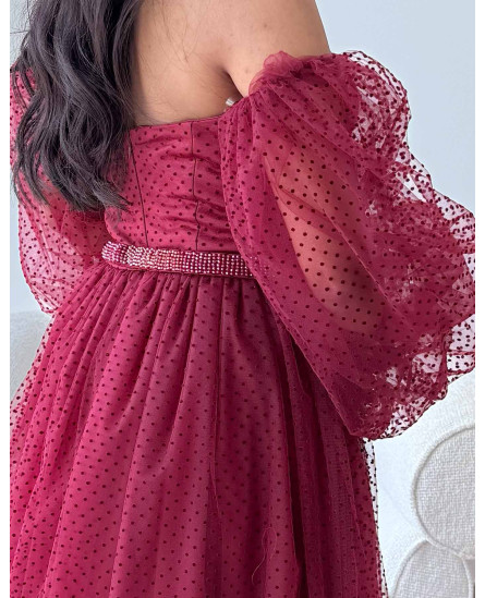 Jasmine Off-the-Shoulder Dress - Maroon Self Polka Dots