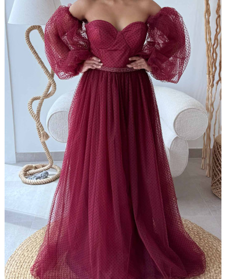 Jasmine Off-the-Shoulder Dress - Maroon Self Polka Dots
