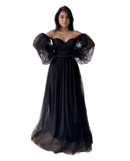 Jasmine Off-the-Shoulder Dress - Black Self Polka Dots