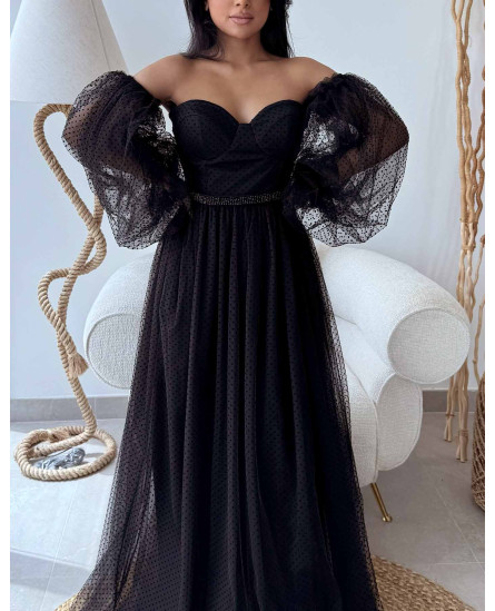 Jasmine Off-the-Shoulder Dress - Black Self Polka Dots