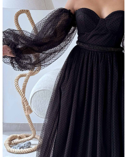 Jasmine Off-the-Shoulder Dress - Black Self Polka Dots