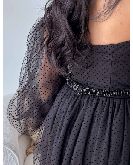 Jasmine Off-the-Shoulder Dress - Black Self Polka Dots