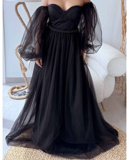 Jasmine Off-the-Shoulder Dress - Black Self Polka Dots